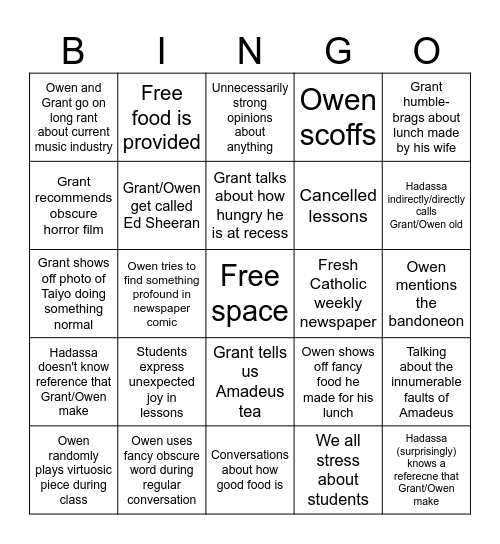 Friday Bingo Card