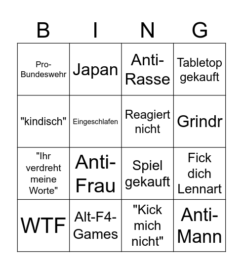 Sean Bingo Card