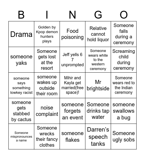 Kayla and Mihir’s wedding Bingo Card