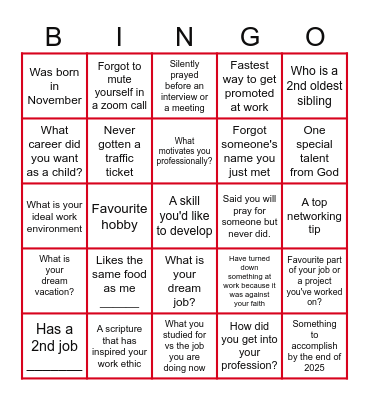 Speed Networking Bingo Card