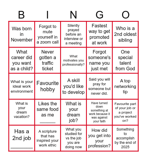 Speed Networking Bingo Card