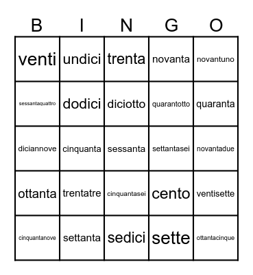 I numeri Bingo Card