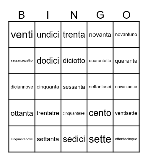I numeri Bingo Card