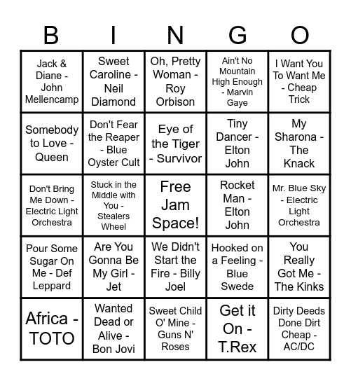 70's/80's Music Bingo - List 3 Bingo Card