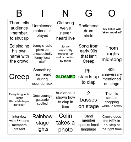 Radiohead Tour Bingo Card