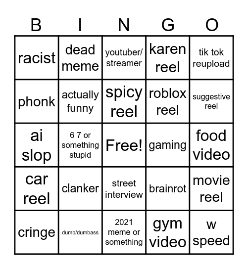 Instagram reel bingo Card
