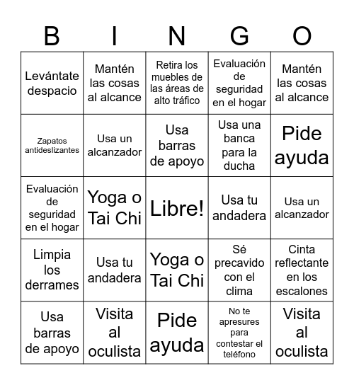 Fall Prevention Bingo Spanish Bingo Card
