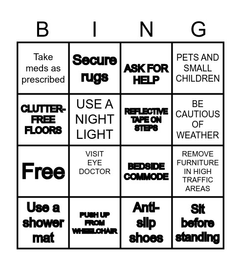 Fall prevention ENGLISH UPDATED Bingo Card