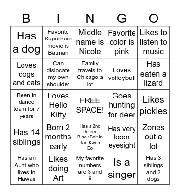 Classmate Trivia BINGO Card
