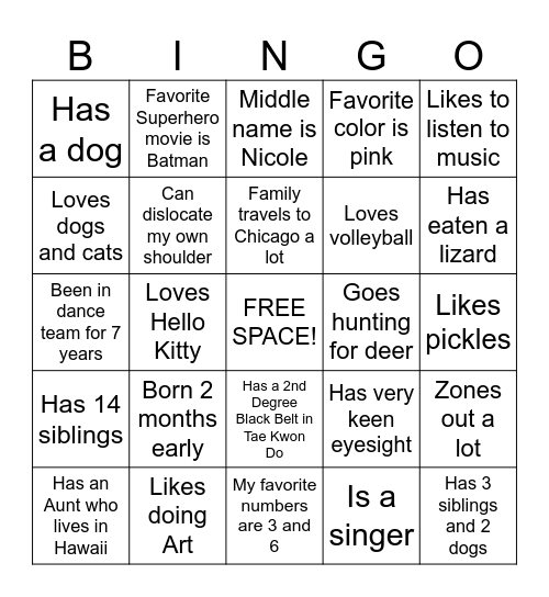 Classmate Trivia BINGO Card
