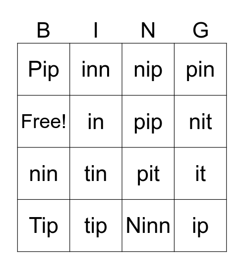 Short i Bingo Card