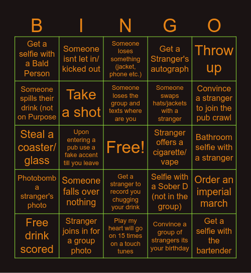 Halloween Pub Crawl Bingo Card