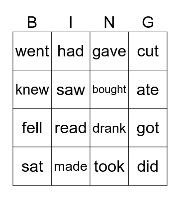 Irregular Verbs Bingo Card
