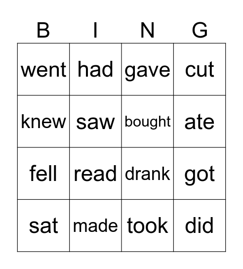 Irregular Verbs Bingo Card