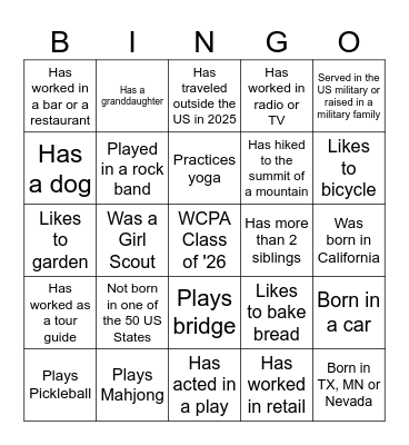 Getting to Know You Bingo Card