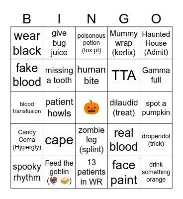 A Very Spooky ER Bingo Card