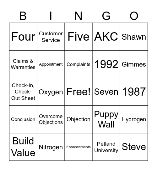 Petland Bingo Card