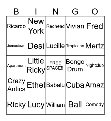 I LOVE LUCY Bingo Card