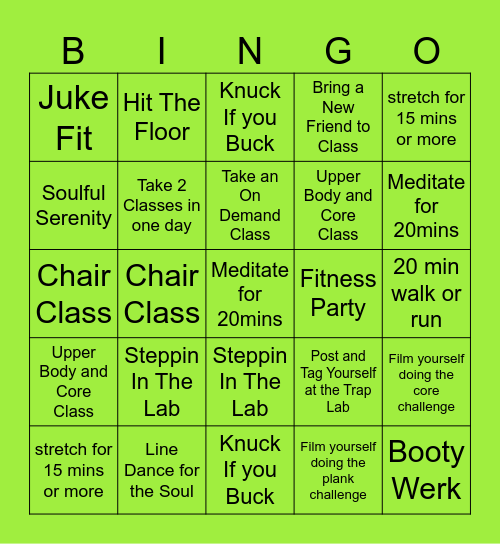 Trap Lab Winter Werk Challenge Bingo Card