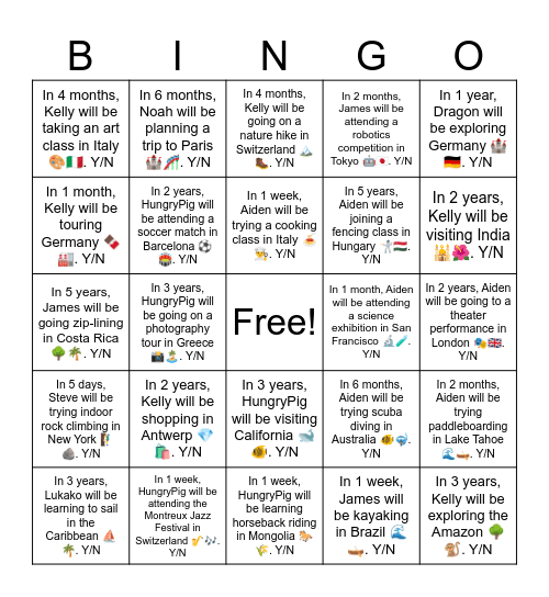 In 1 week, James will be kayaking in Brazil 🌊🛶. Y/N Bingo Card