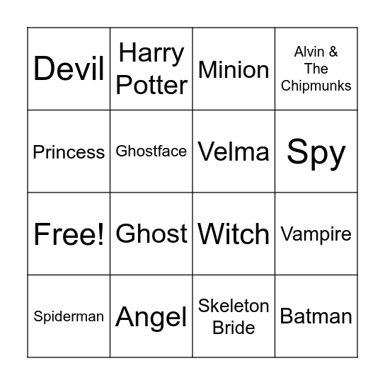 Halloween Costumes Bingo Card