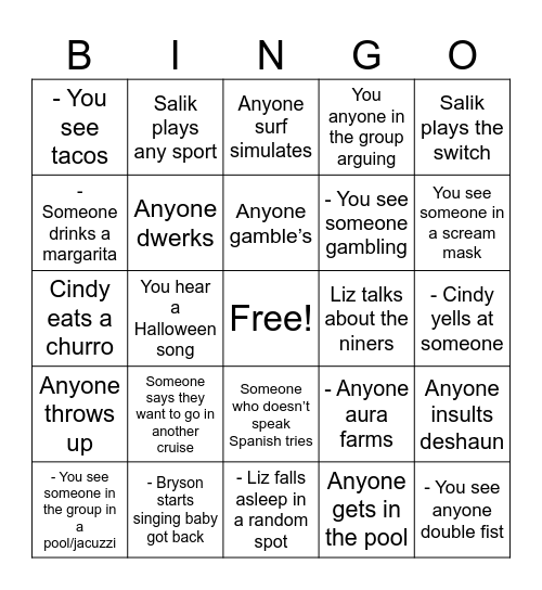 Mexico Cruise Bingo Card