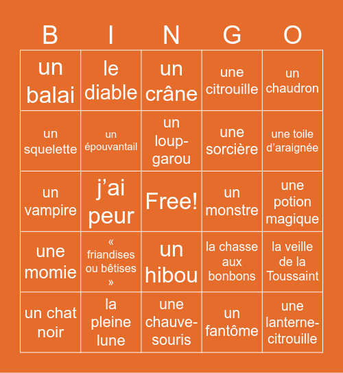 HALLOWEEN FRENCH BINGO!!!!! Bingo Card