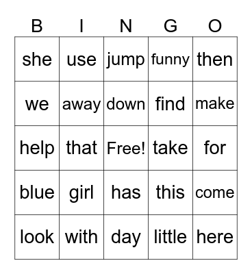 Sight Words Bingo Card