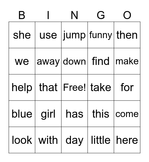 Sight Words Bingo Card