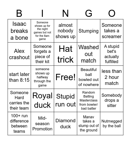 Gympie Cricket 25/26 season bing card Bingo Card