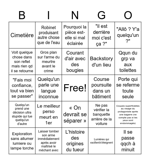 Film d'horreur Bingo Card