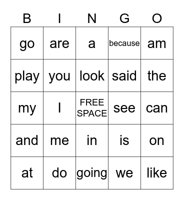 High Frequency Word Bingo Card
