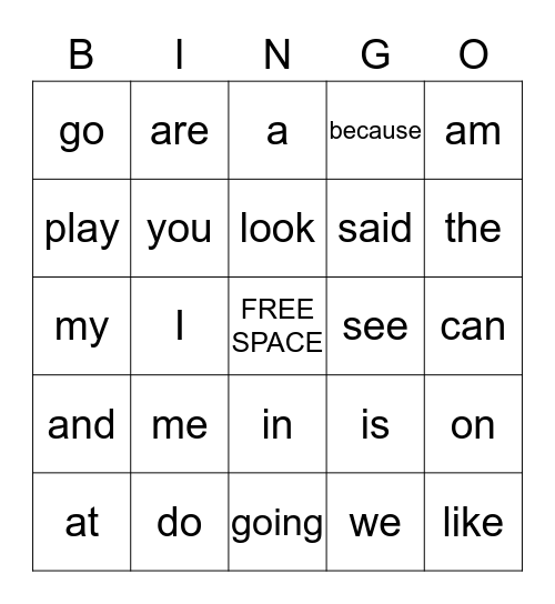 High Frequency Word Bingo Card
