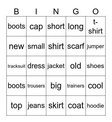 Clothes Bingo Card