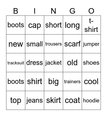Clothes Bingo Card