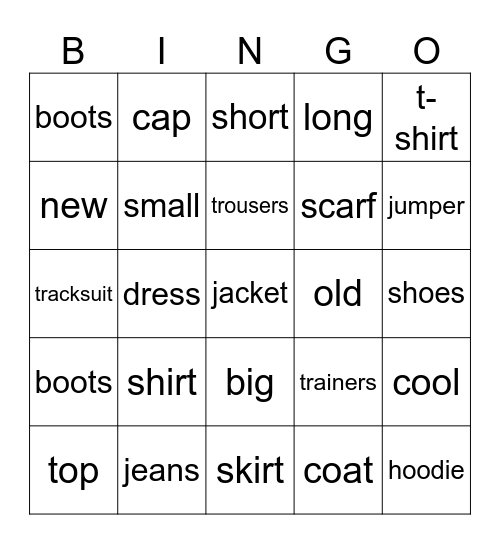 Clothes Bingo Card