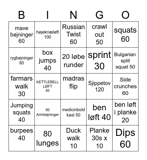 calisthenics Bingo Card