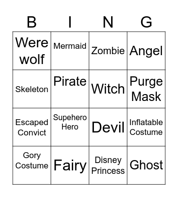 Halloween Costumes Bingo Card