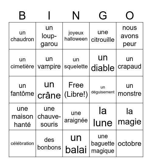 French Halloween Bingo Card