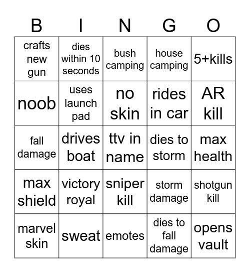 Fortnite Bingo Card