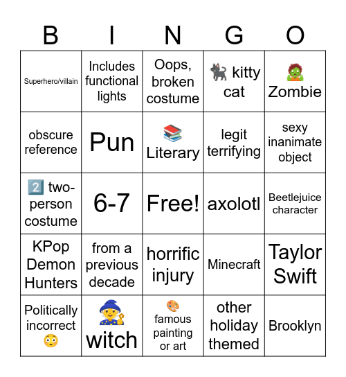 Halloween Costume Bingo Card