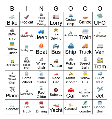 Vehicles Bingo Card