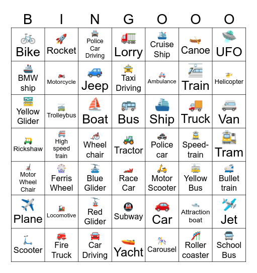Vehicles Bingo Card