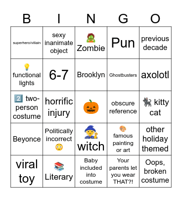 Halloween Costume Bingo Card