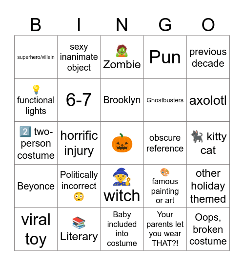 Halloween Costume Bingo Card