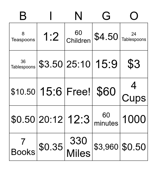 Ratios Bingo! Bingo Card