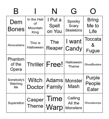 Halloween Music Bingo Card
