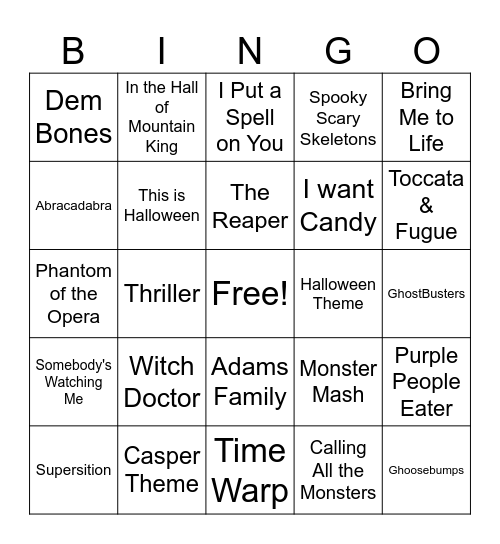 Halloween Music Bingo Card