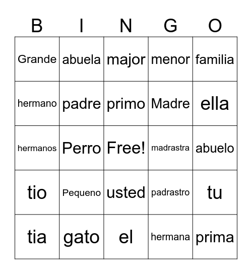 Vocabulary Bingo Card