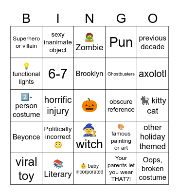 Halloween Costume Bingo Card